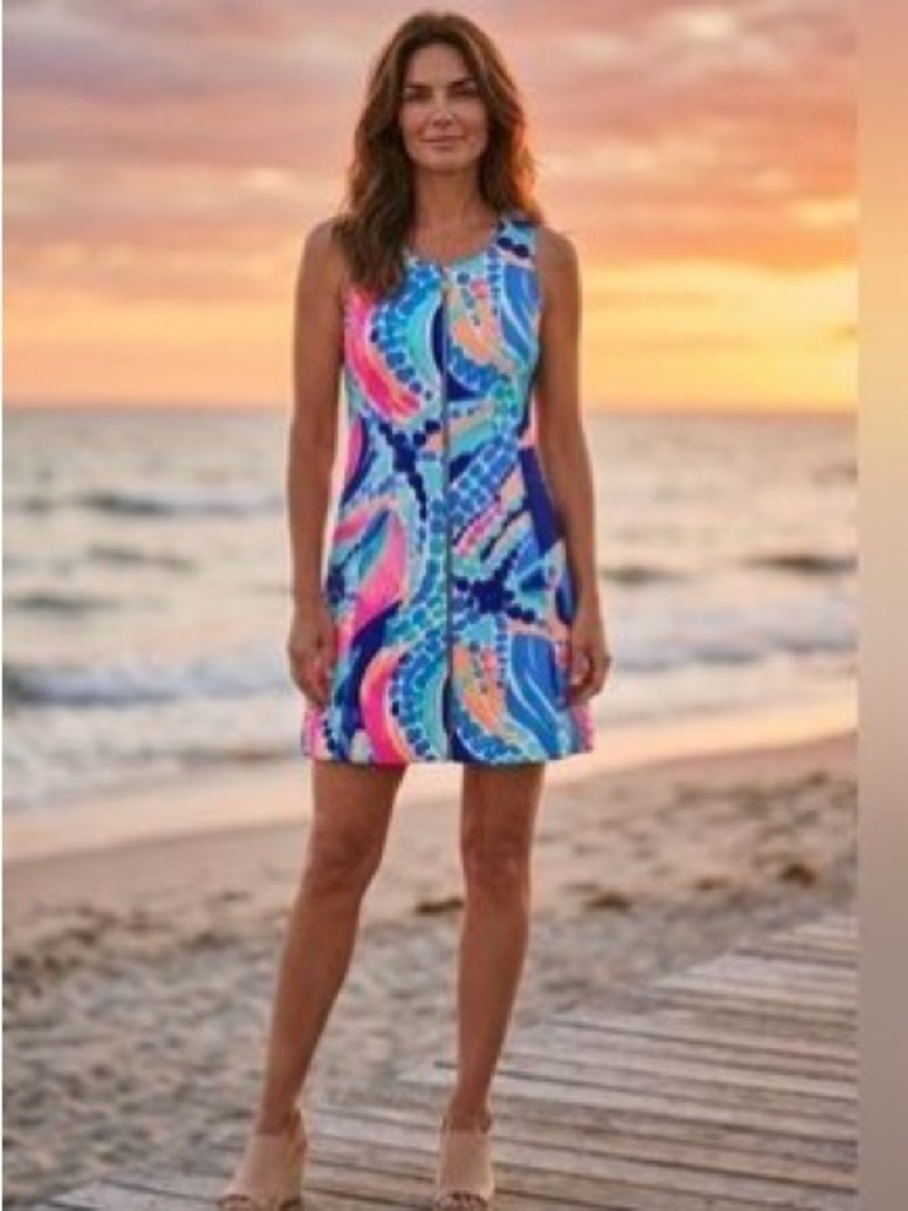 Lilly Pulitzer Sally Scuba Multi Ocean Jewels Zip-Front Sleeveless Sz S Dress